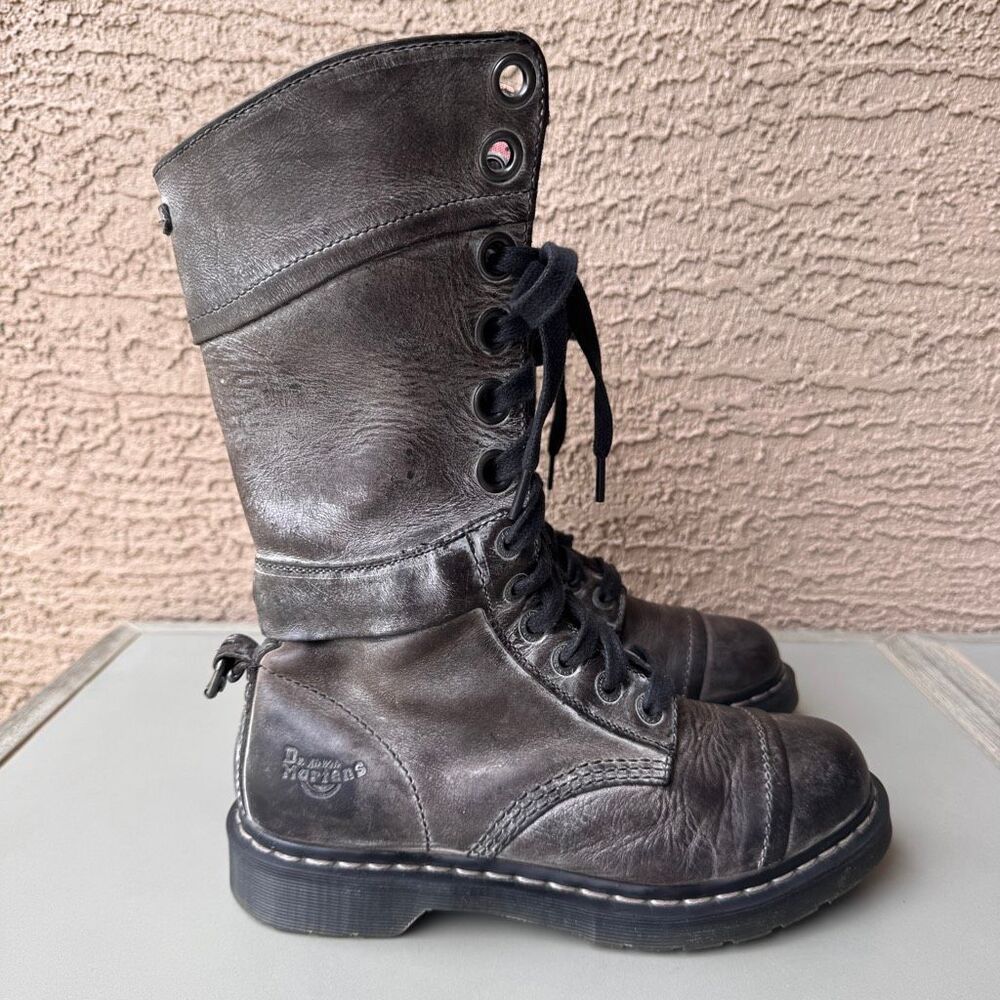Dr Martens Triumph Boots Womens 9 Gray Black Pink Floral Foldover Tall Combat - Picture 4 of 16